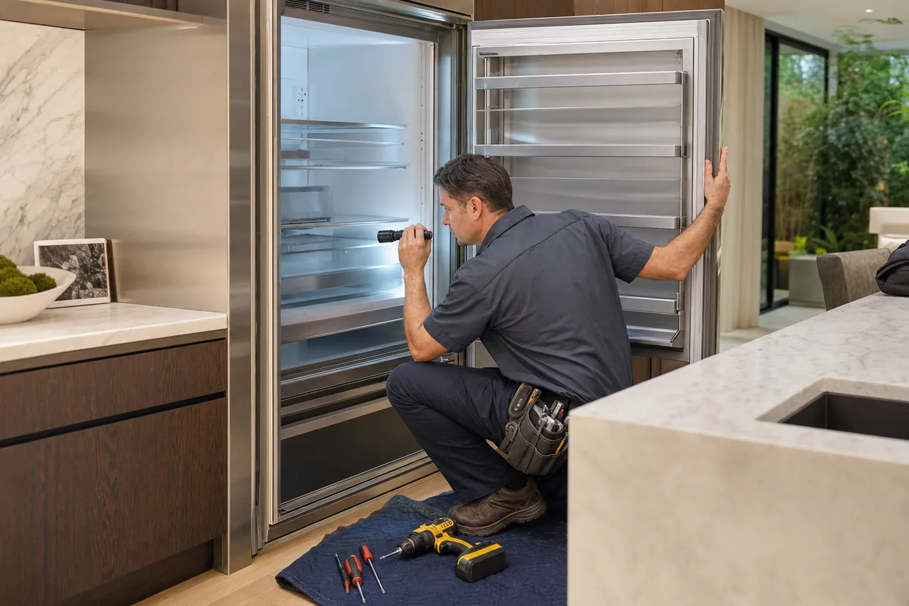 Technician repairing a built-in refrigerator mid-repair