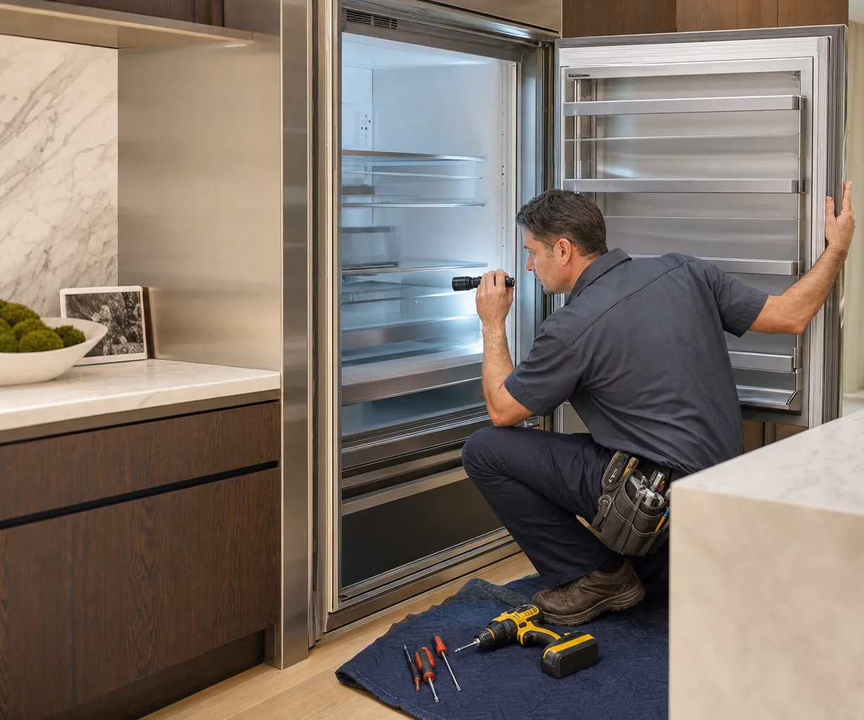 Technician repairing a built-in refrigerator up close