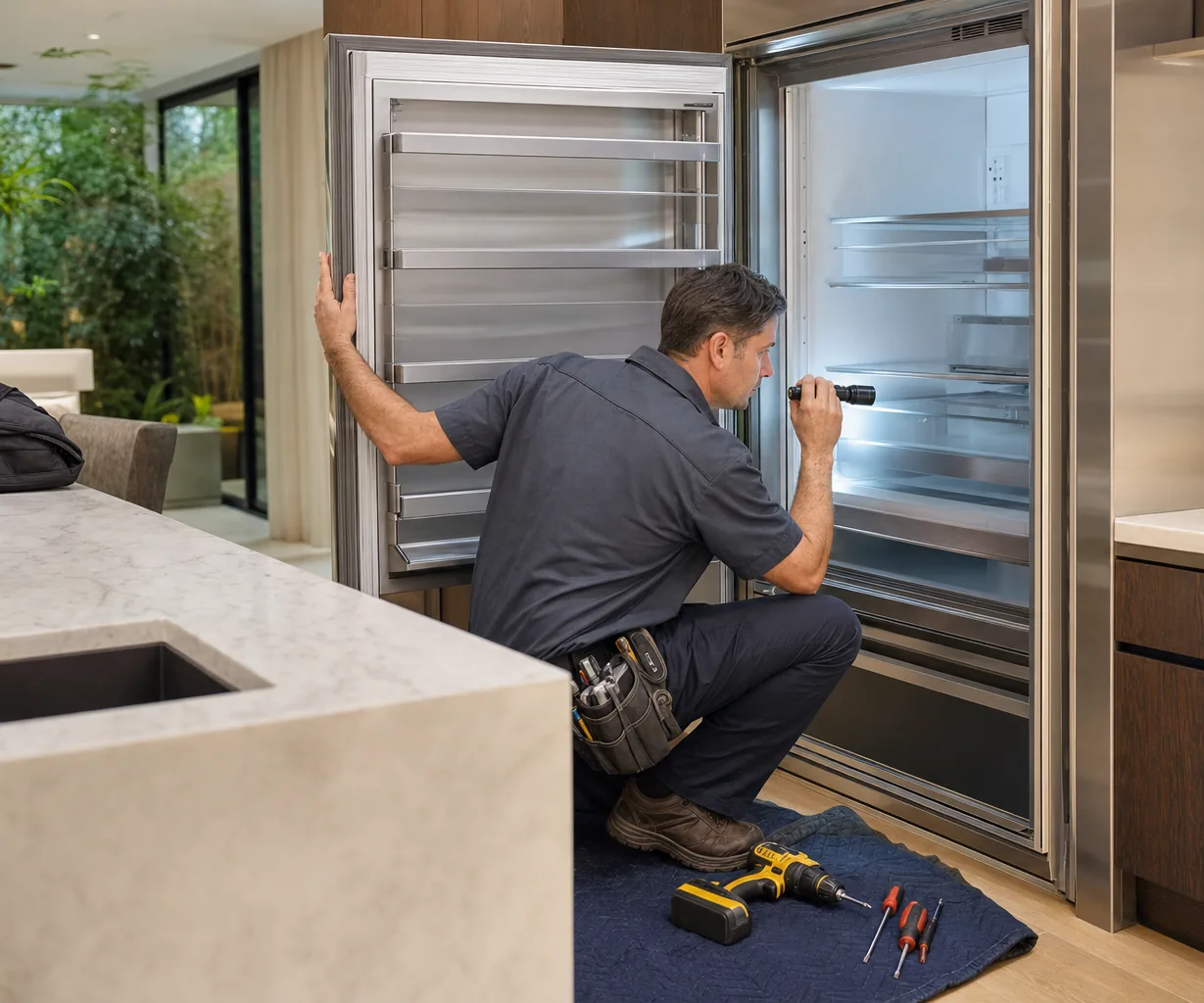 Technician repairing a built-in refrigerator up close