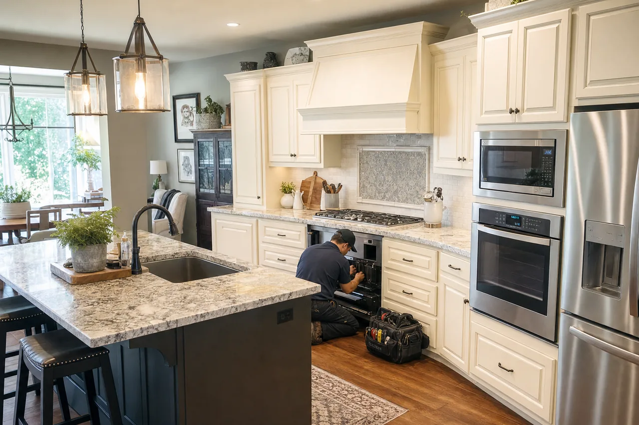 A luxury kitchen with built-in stainless appliances mid-repair