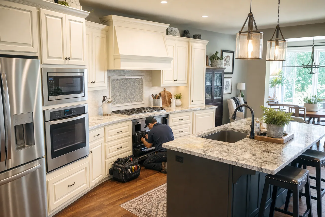 A luxury kitchen with built-in stainless appliances in a White Plains kitchen