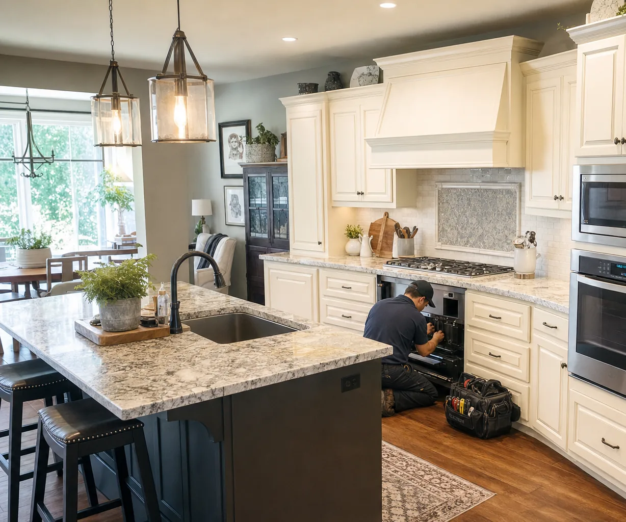 A luxury kitchen with built-in stainless appliances up close