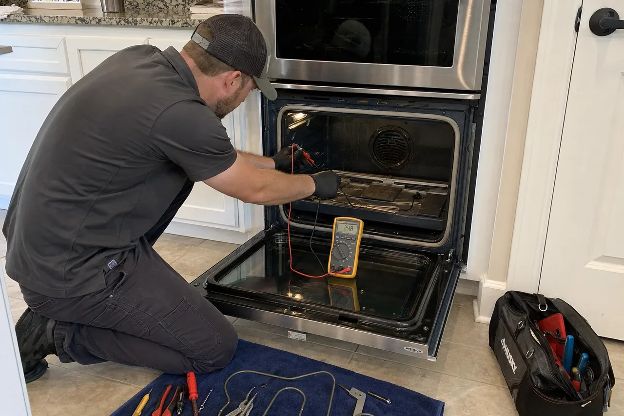 Technician servicing a built-in wall oven up close