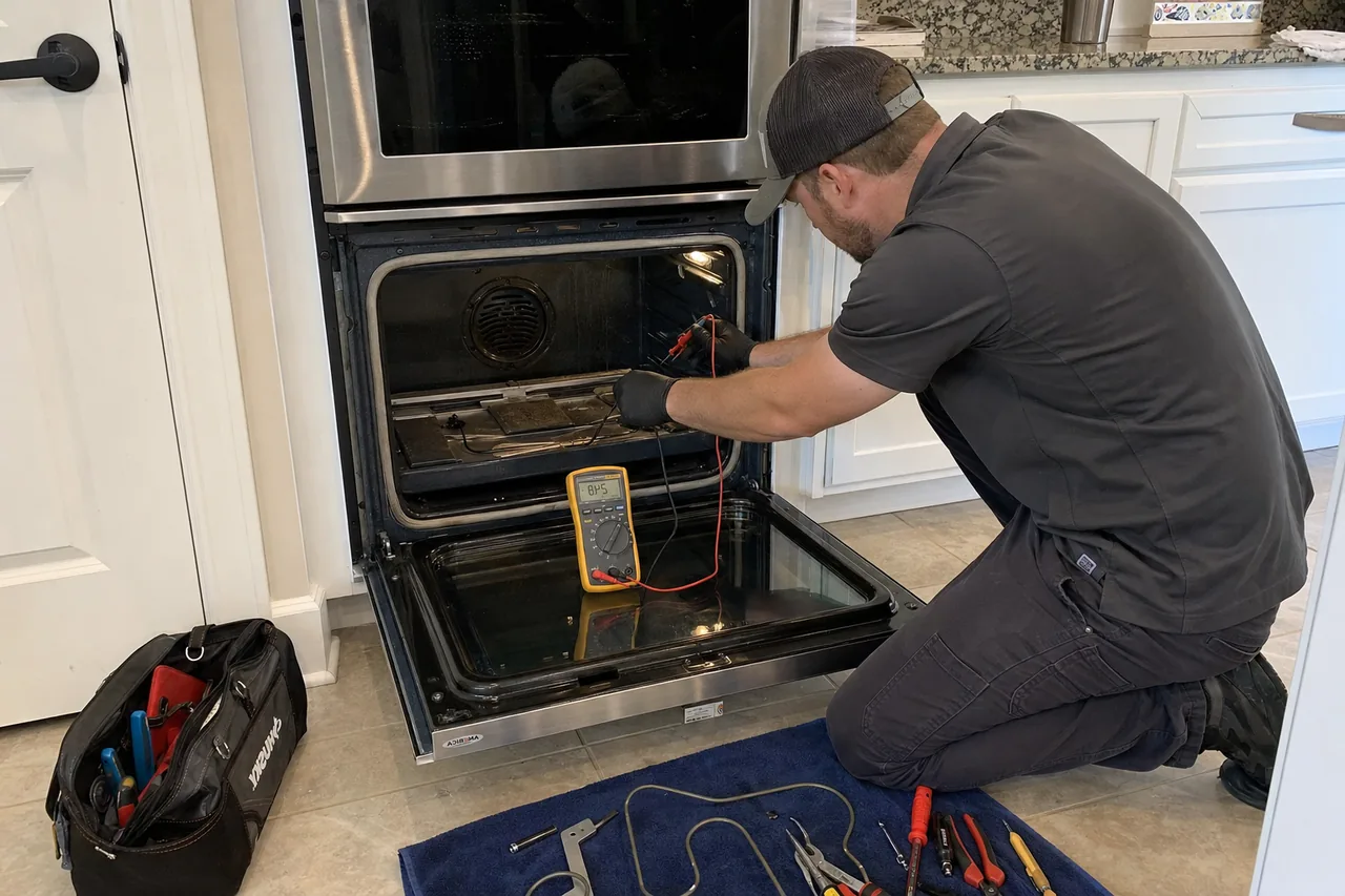 Technician servicing a built-in wall oven in a White Plains kitchen
