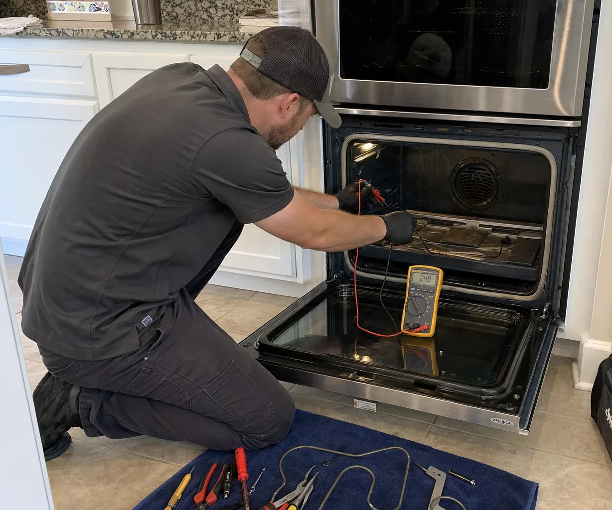 Technician servicing a built-in wall oven up close