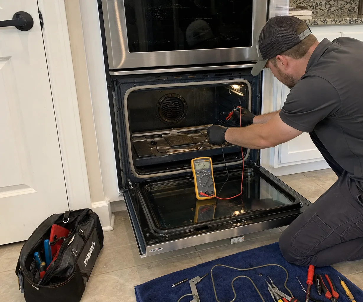 Technician servicing a built-in wall oven on a same-day visit