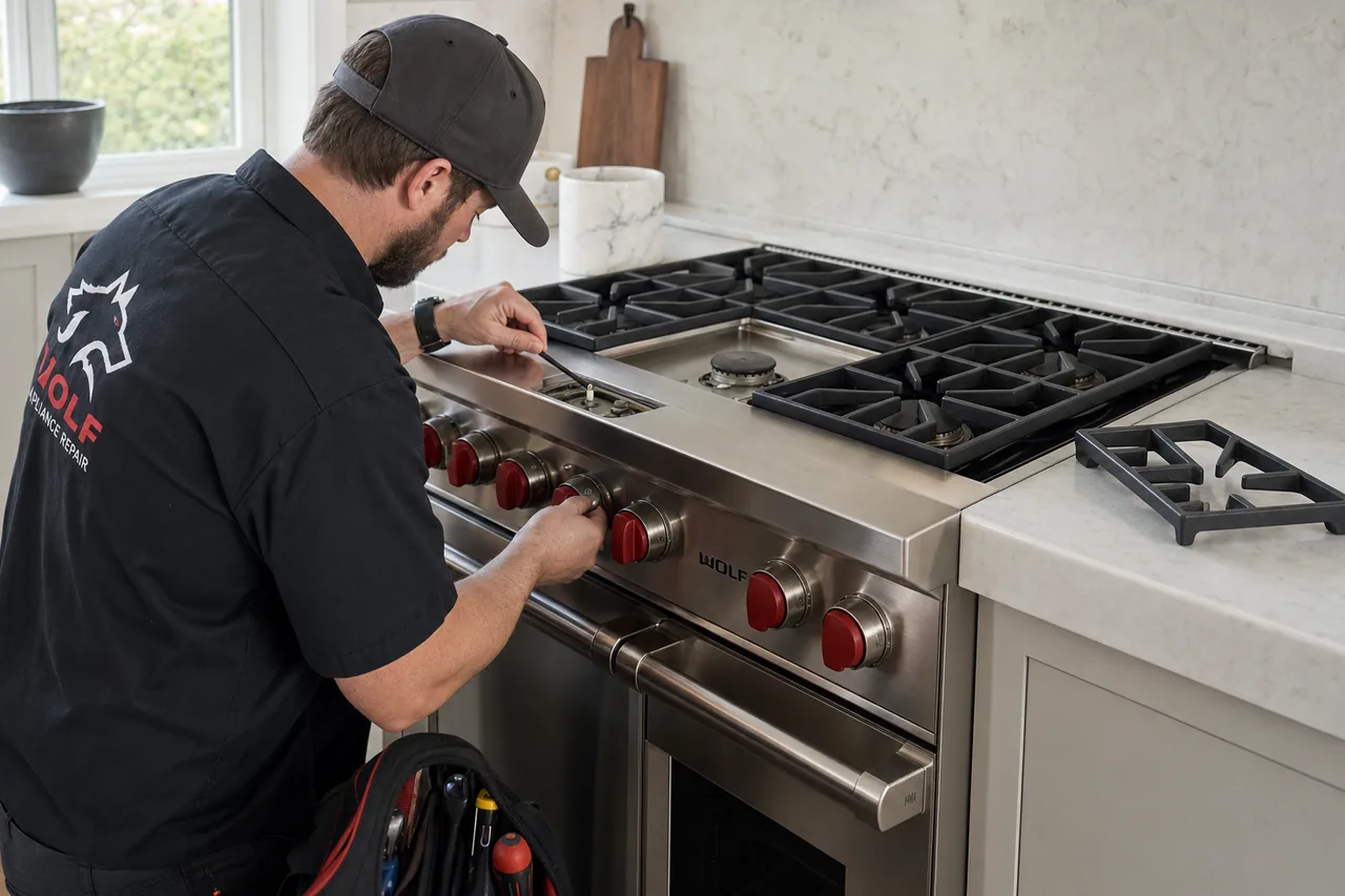 Technician servicing a stainless Wolf range on a same-day visit