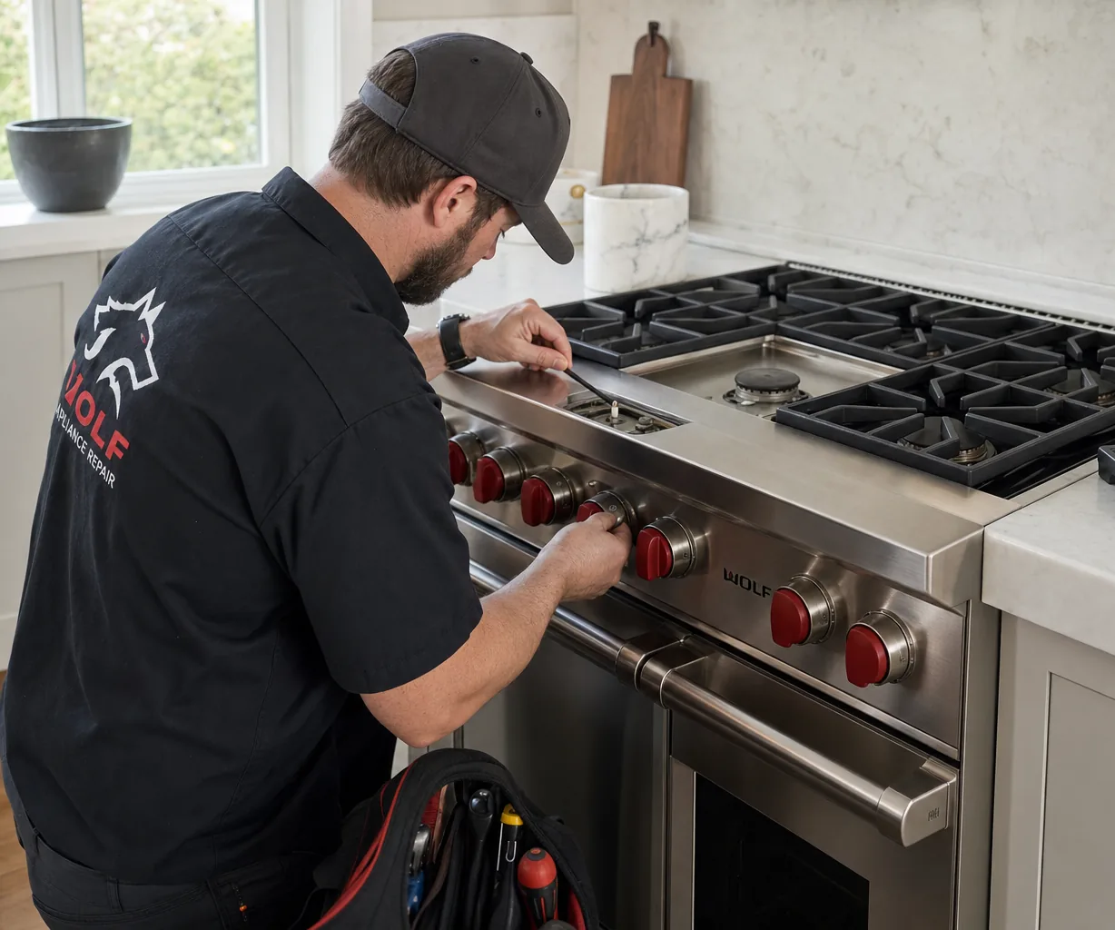 Technician servicing a stainless Wolf range in a White Plains kitchen